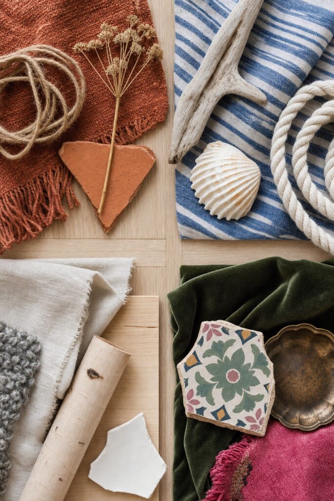 Four material vignettes showing the difference between boho coastal Scandi and eclectic decor