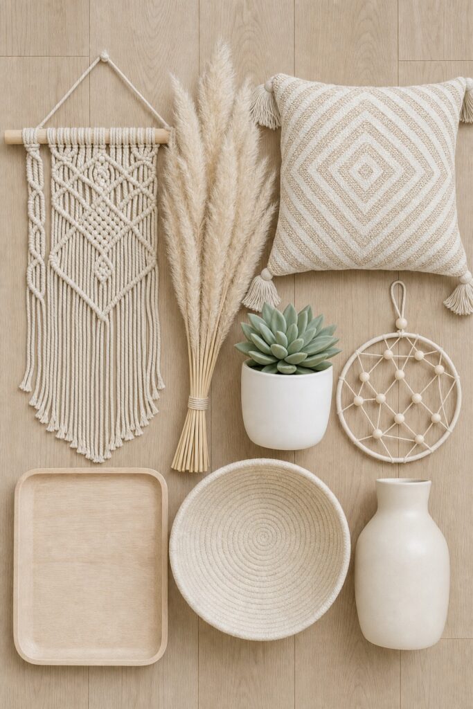 A group of mass produced boho cliche objects that date a room quickly