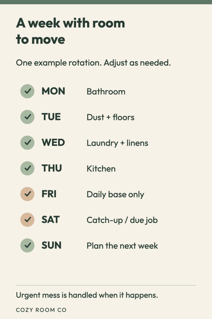 Example weekly cleaning schedule with one main job on assigned days and an open catch-up slot