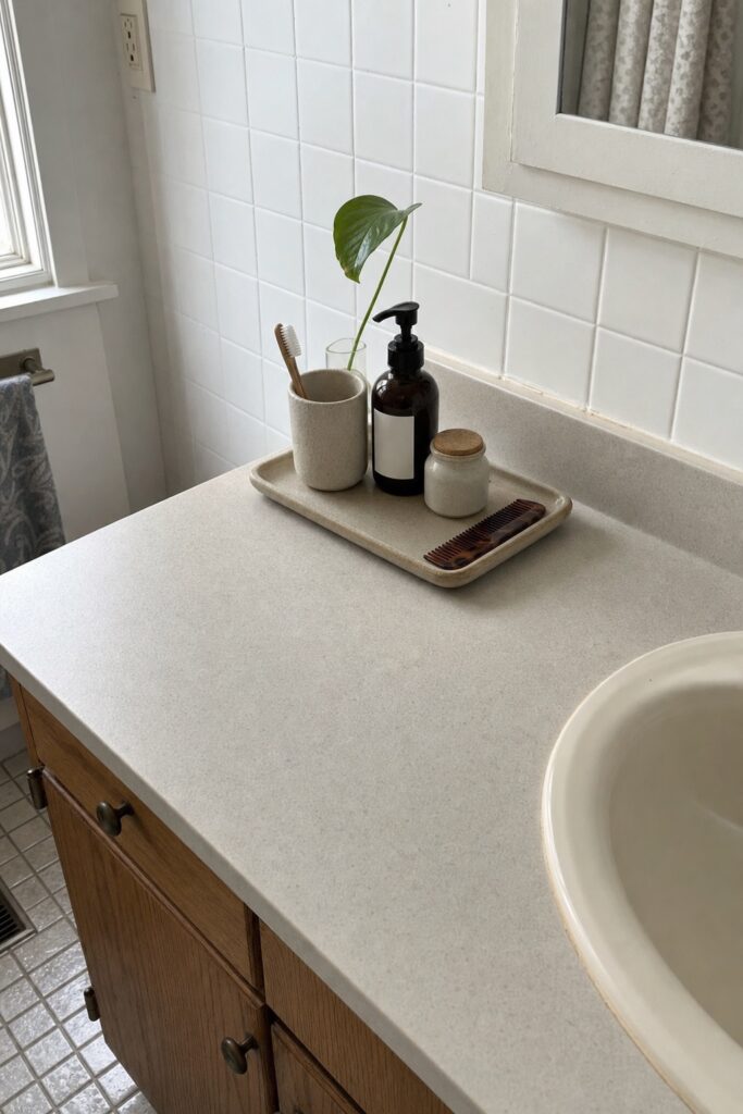 Bathroom counter with a small tray of daily items and open surface beside the sink