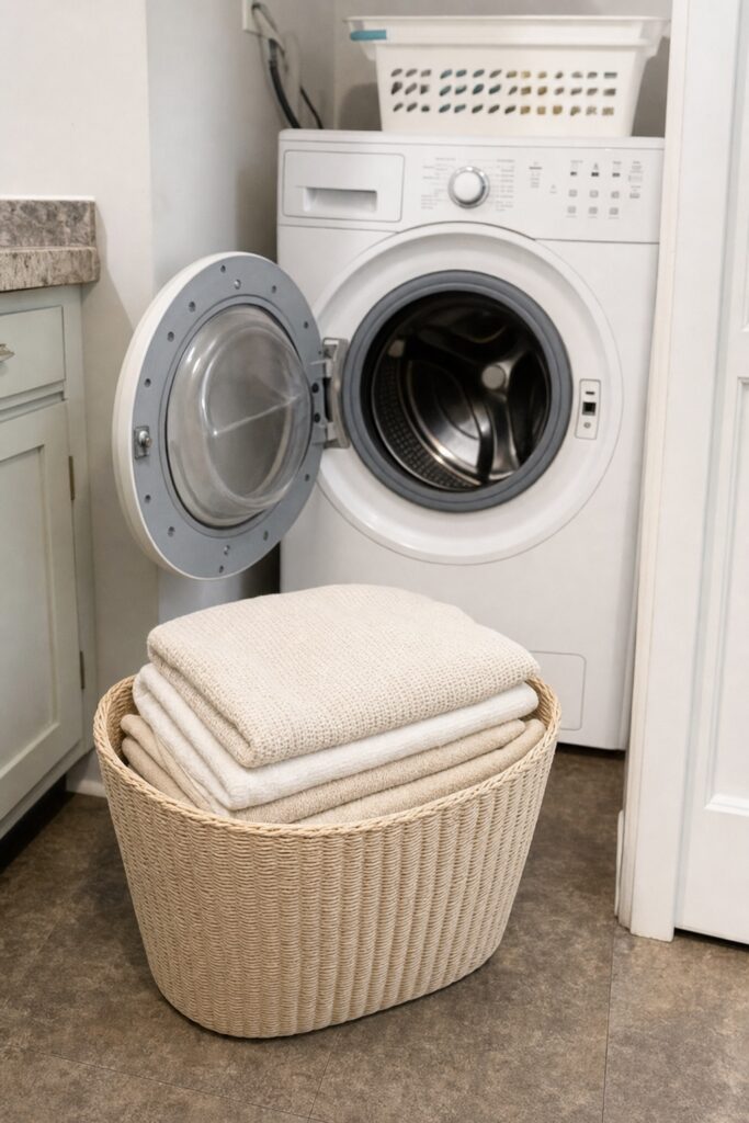 Basket of folded laundry beside an open washing machine