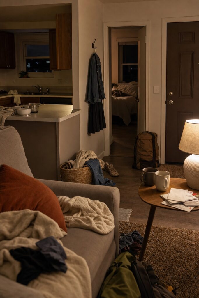 Small home in the evening with clothes on a chair and a bag near the entry