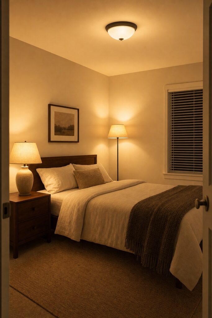 Bedroom with a lit ceiling fixture, shaded bedside lamp, and floor lamp near the bed