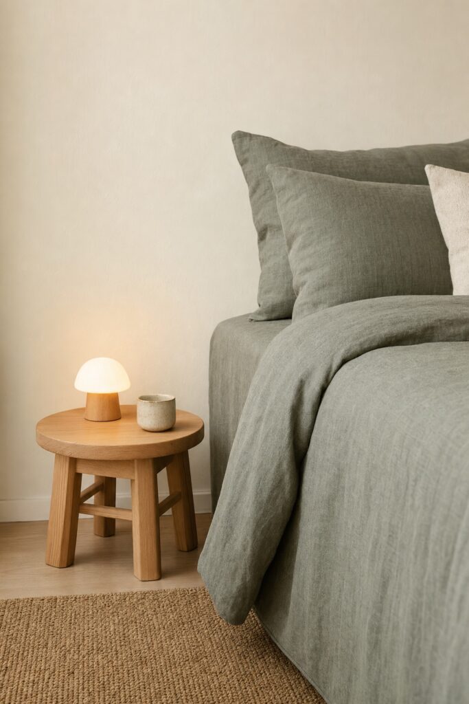 Small covered dome lamp on a wood stool beside sage-colored bedding
