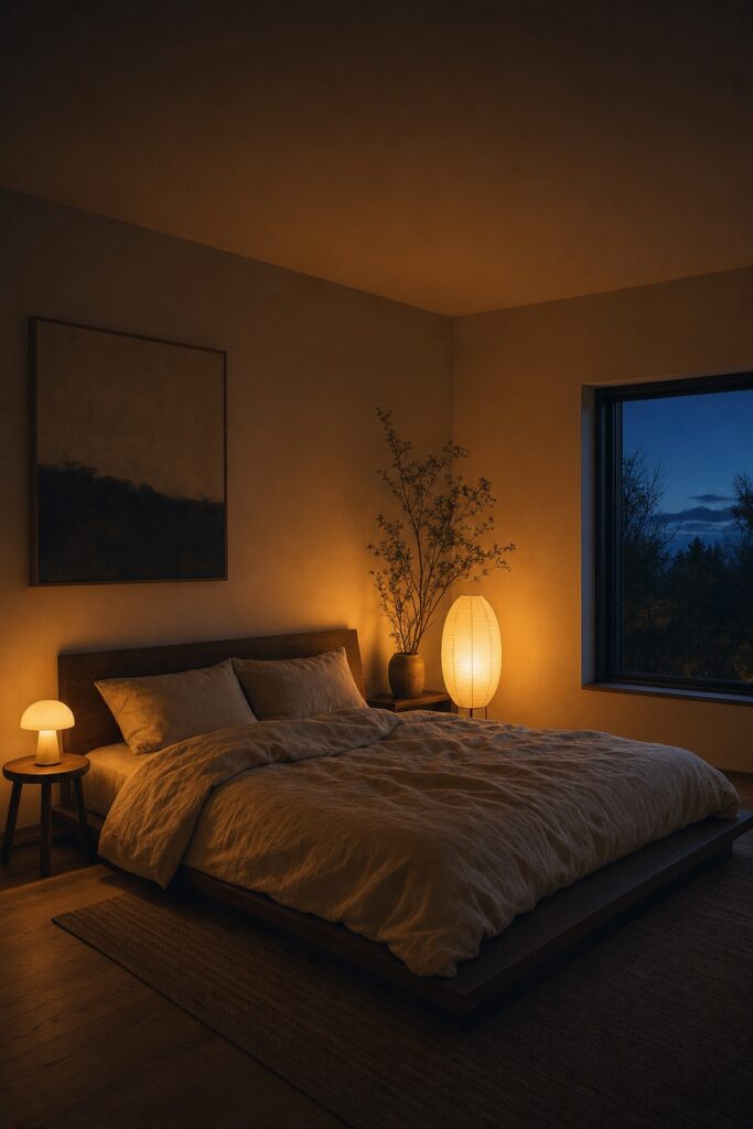 Low bedroom lit by a small bedside lamp and a larger paper-shade lamp at dusk