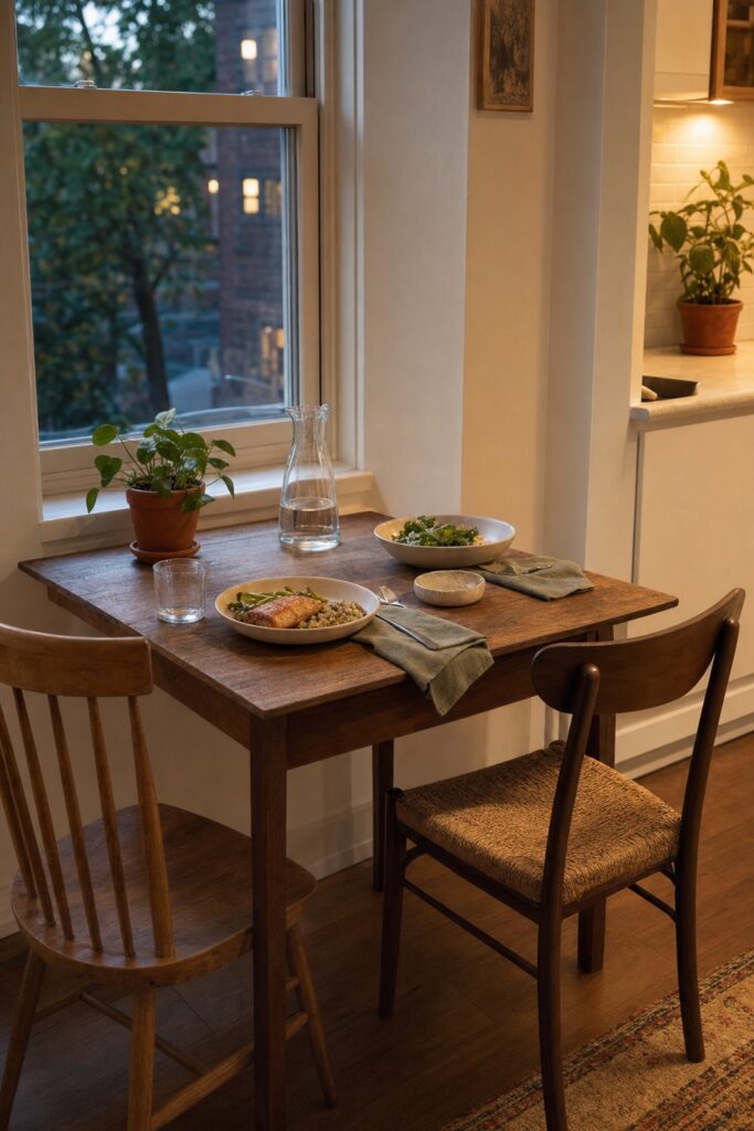 Two-seat wood table by a window set with plates, glasses, and a carafe