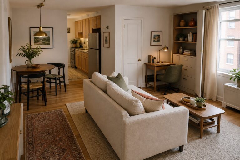 Cozy kitchen nook beside an open-plan living area, with a small round dining table and chairs