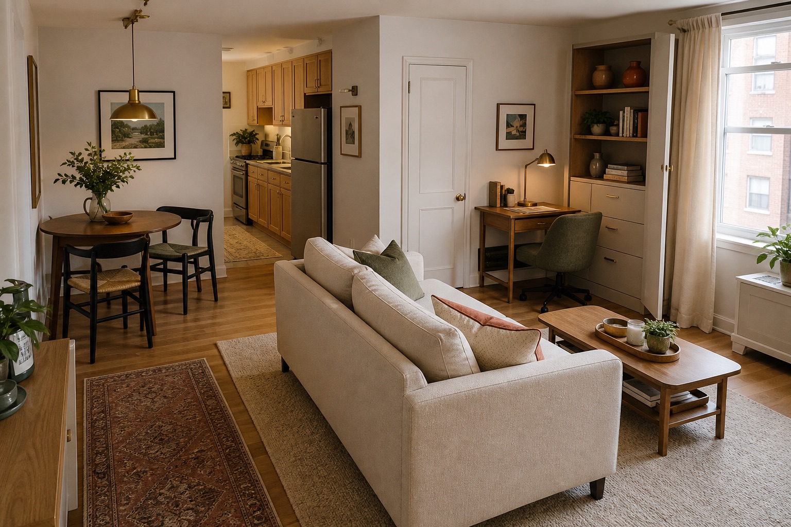 Cozy kitchen nook beside an open-plan living area, with a small round dining table and chairs