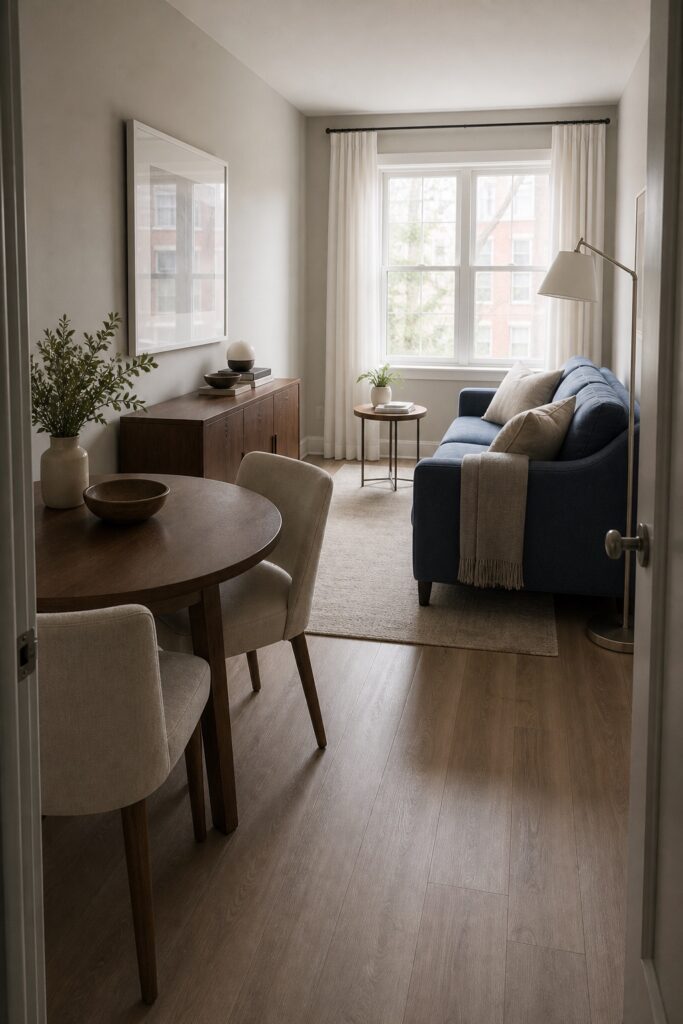 Narrow living and dining space with a table at one side, sofa near the window, and open central route