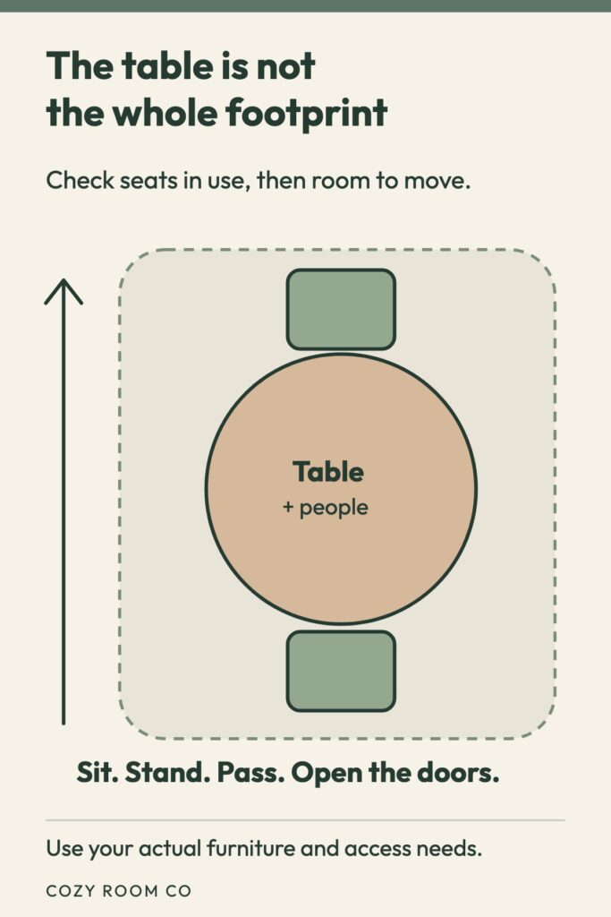 Top-view diagram showing a dining table, occupied chairs, and the separate space needed to move around them