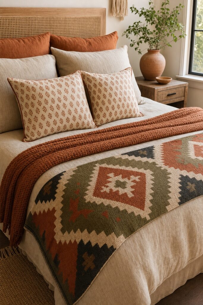 Rust and olive patterned bed covering with smaller patterned pillows and plain supporting layers