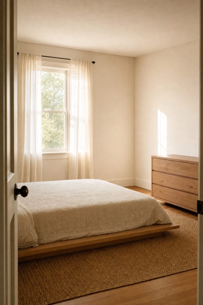 Simple bedroom with plain neutral bedding, a wood dresser, and an open route around the bed