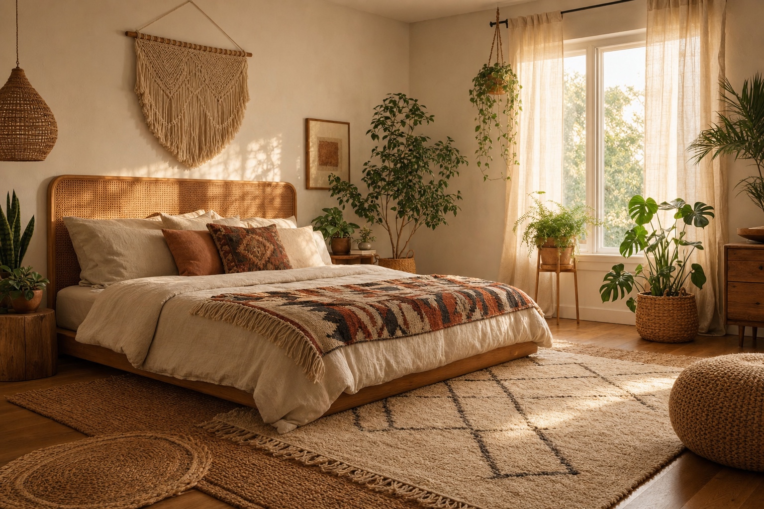 Fall bedroom decor with rust and neutral patterned bedding, woven textures, and warm wood