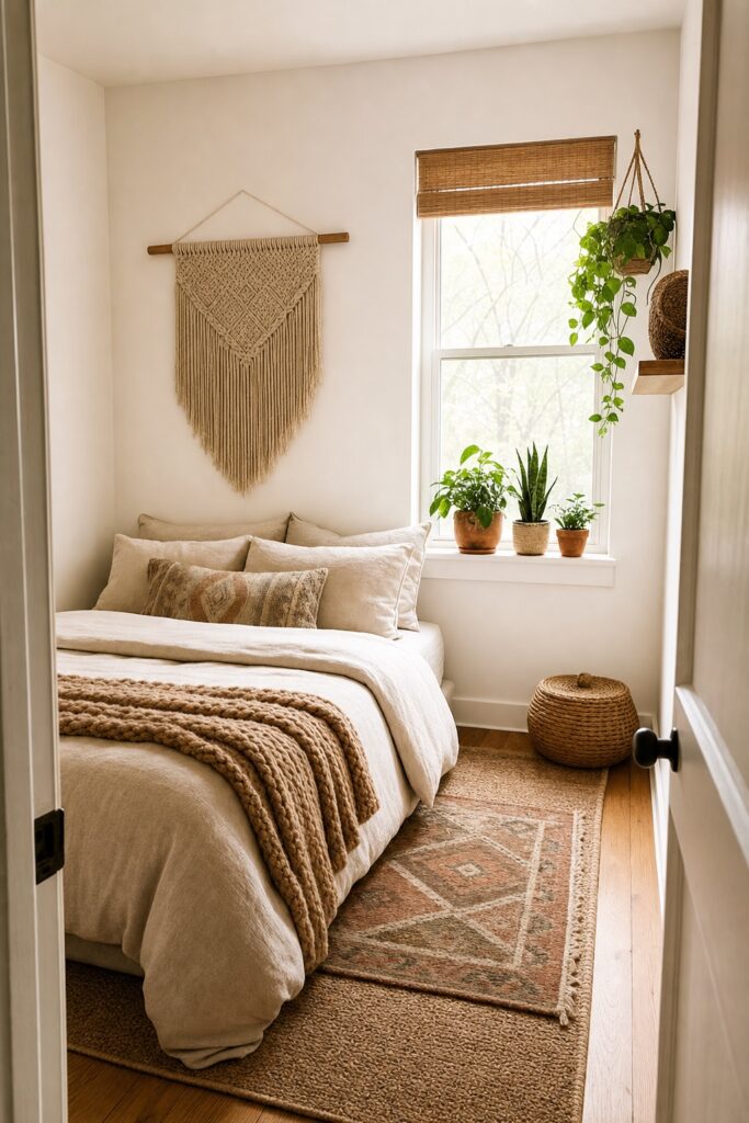 Compact bedroom with layered neutral bedding and an open strip of floor beside the bed