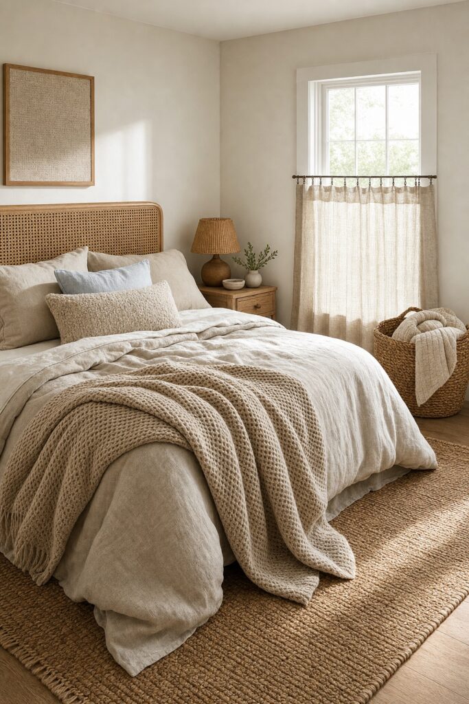 Neutral bedroom with a textured blanket, woven headboard, and natural-colored rug