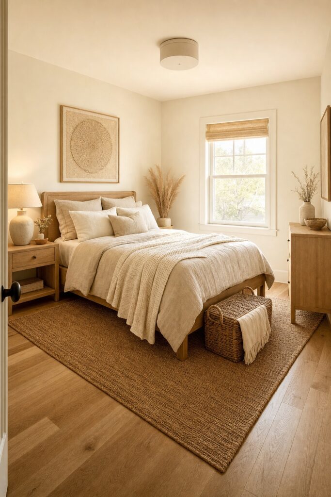 Cream bedroom with oatmeal bedding, warm wood, and a woven basket near the foot of the bed