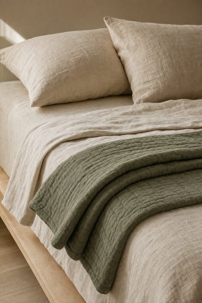 Olive quilt folded over lightly rumpled neutral bedding