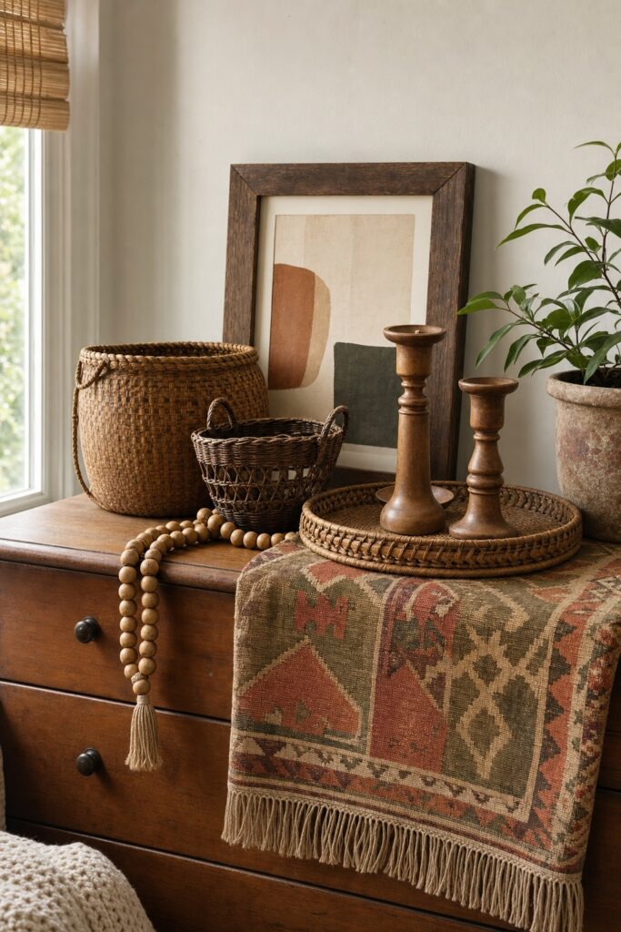 Wood dresser with a patterned runner, woven baskets, a tray, and empty wooden candlesticks
