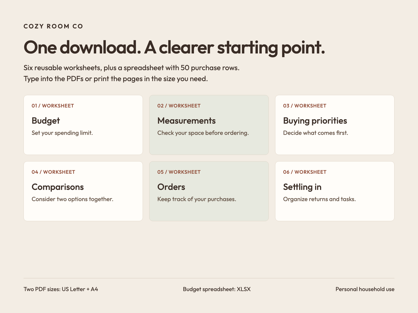 Planner contents: budget, measurements, buying priorities, comparisons, orders, and settling in