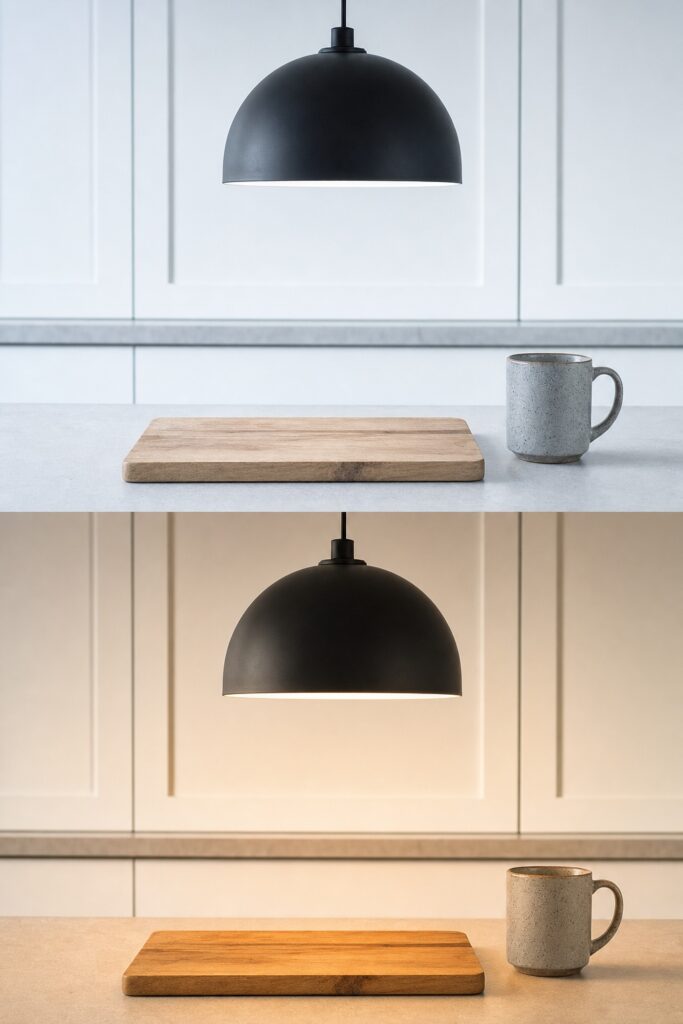 The same kitchen pendant shown lit with a cold blue white bulb and with a warm amber bulb