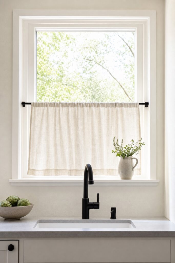 Kitchen window with a cream cafe curtain covering only the lower half with daylight above