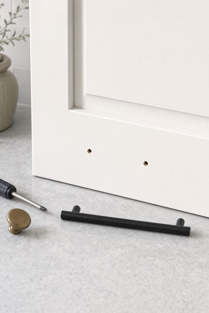 Cabinet door mid hardware swap with two bare screw holes and a new bar pull laid out to match the spacing