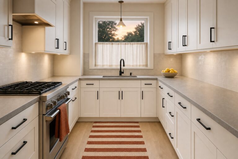 Ordinary kitchen made to look decorated with swapped textiles hardware and a warm light, counters still clear
