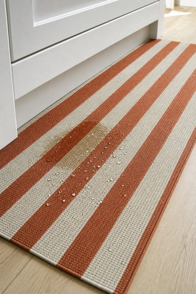 Flat low pile washable kitchen runner lying flat in front of a sink with water beading on the surface