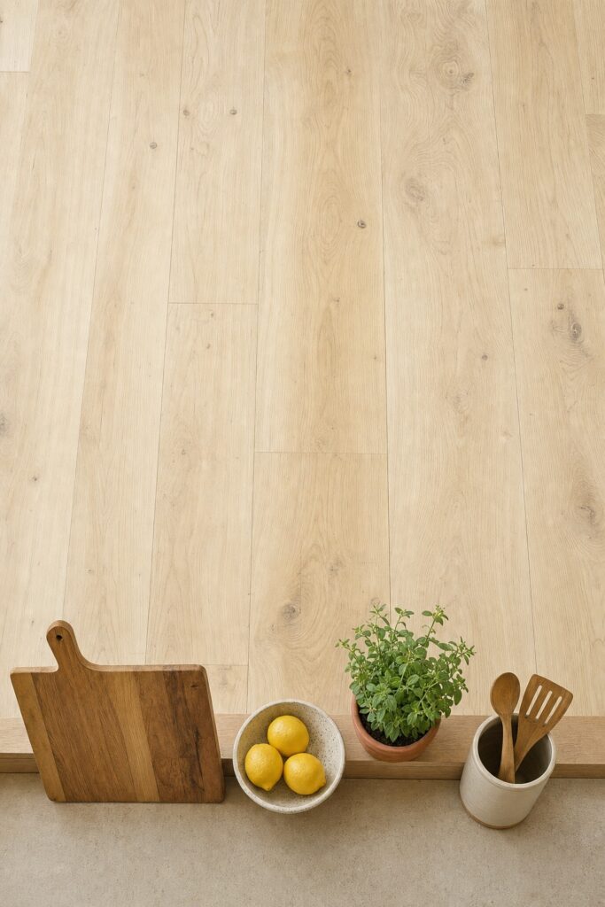 A short buy list of kitchen decor objects laid out with generous empty space around them