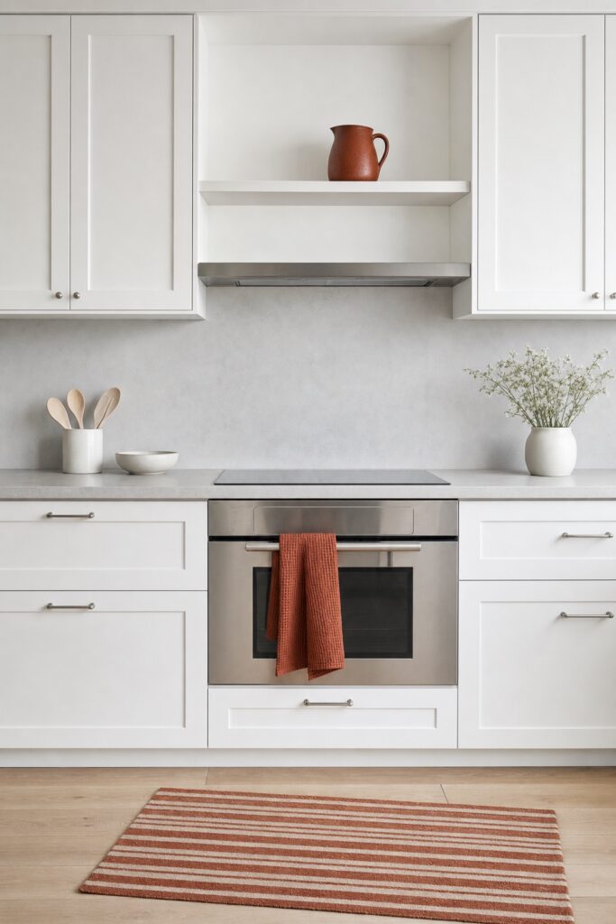 Kitchen where exactly three separated objects share one rust accent color and everything else is neutral