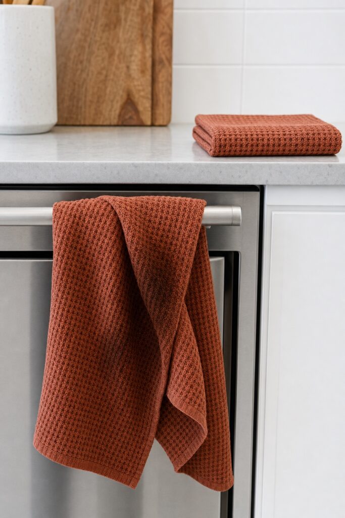 A damp used kitchen towel in real use beside a clean folded spare towel