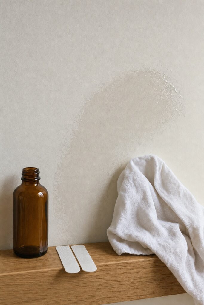 A wall being wiped with rubbing alcohol on a cloth before an adhesive strip is applied