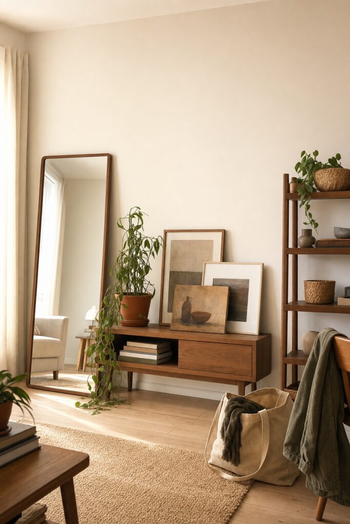 A complete decorated wall built entirely from leaning standing and freestanding pieces with no fixings