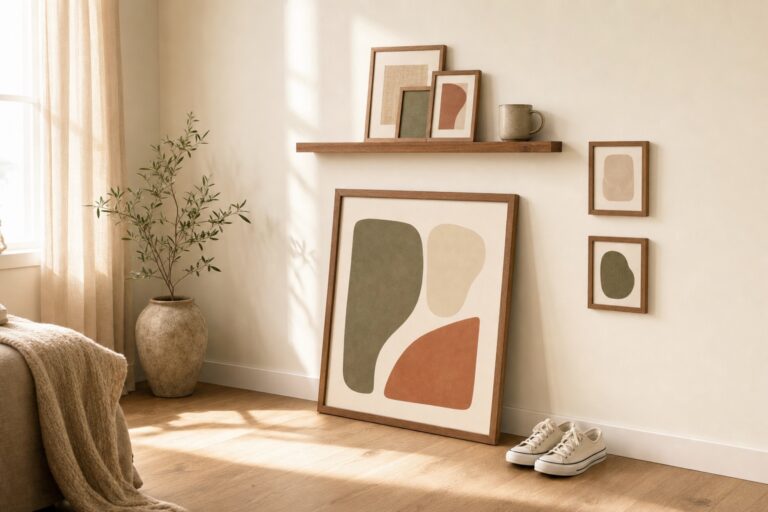 Decorated rental wall with leaning art a picture ledge and hung frames using no drilled holes