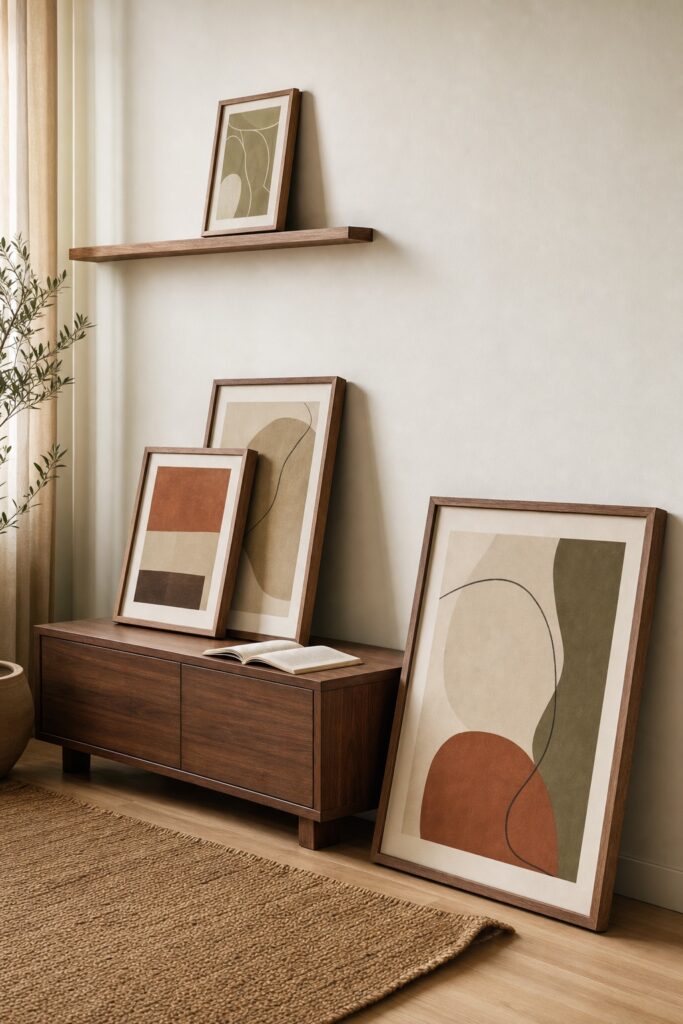 Framed art leaning at three levels on the floor a console and a shelf in one room
