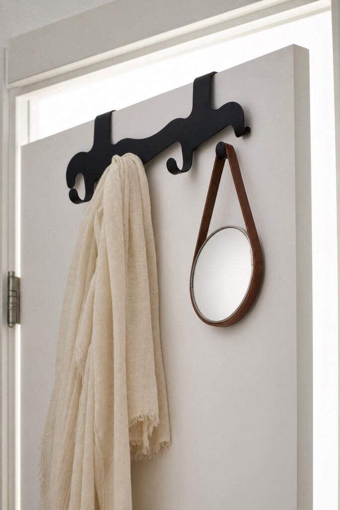 Over door hook rail carrying a hanging textile and a small mirror on the back of a door