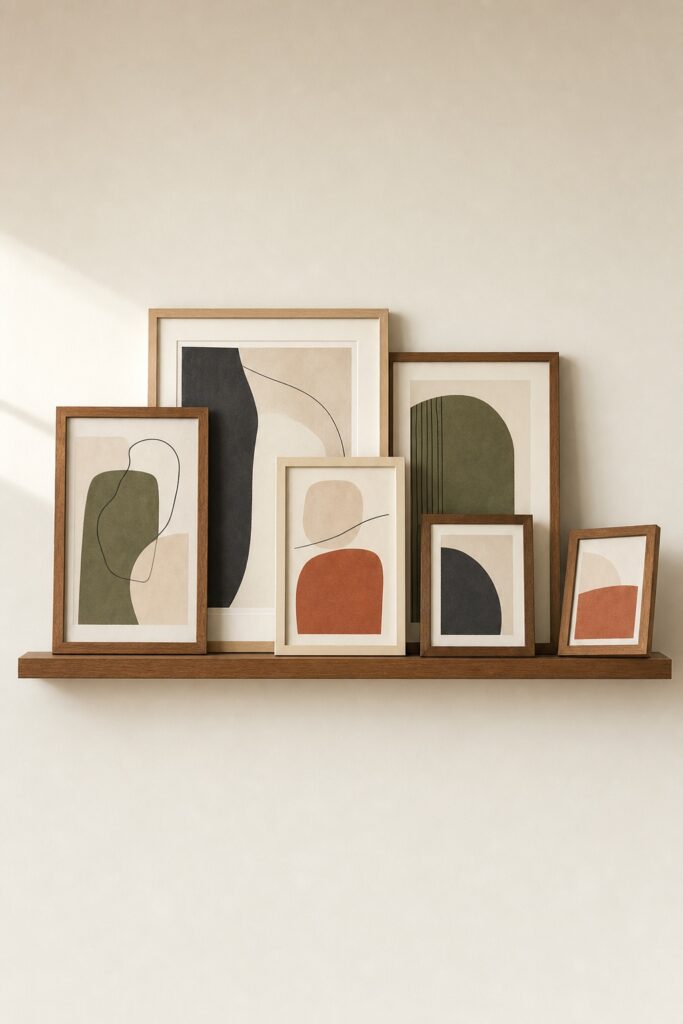One picture ledge carrying an overlapping row of frames in different sizes