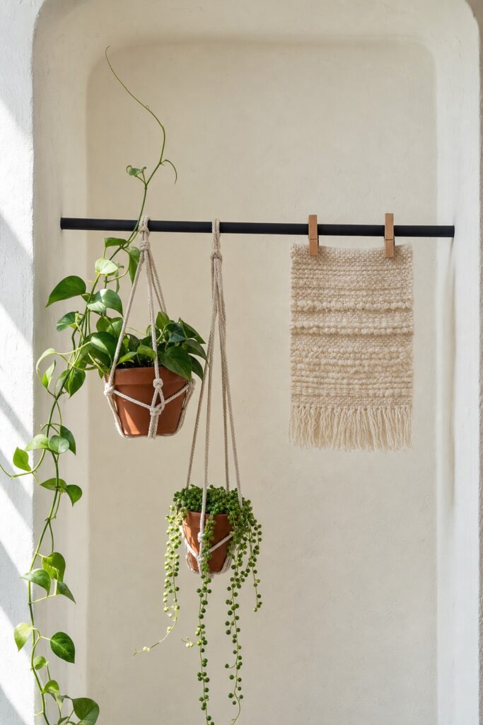 Tension rod wedged in an alcove holding hanging plants and a clipped textile with no wall fixings