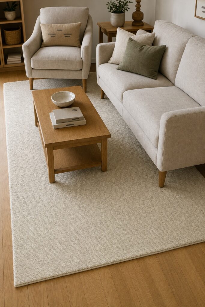 Sofa and armchair meeting the same pale rug around a low coffee table