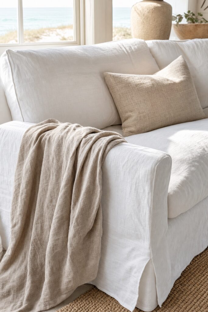 Pale sofa corner with a neutral cushion and a throw draped over the arm