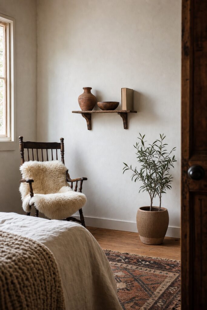 Simple dark wood chair with a soft seat layer beside a plant and a small wall shelf