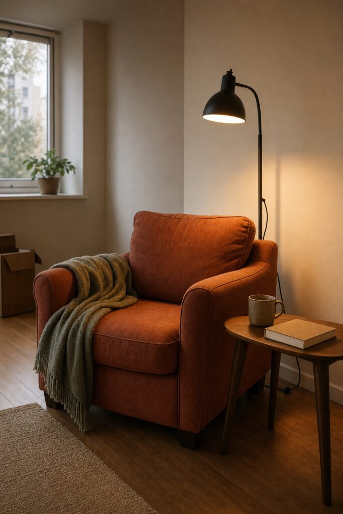 Rust-colored armchair with a directed floor lamp and a small table holding a book and mug