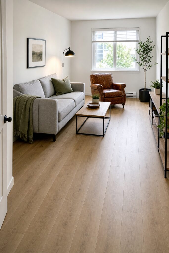 Living room with a sofa and leather chair grouped beside a clear route across the floor
