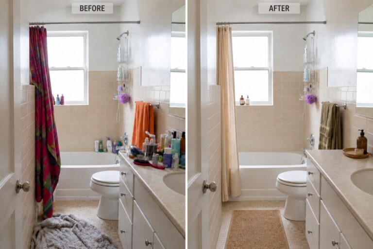 Illustrative rental bathroom before and after a textiles-and-decluttering refresh, with the same toilet, bath, vanity, and open door.