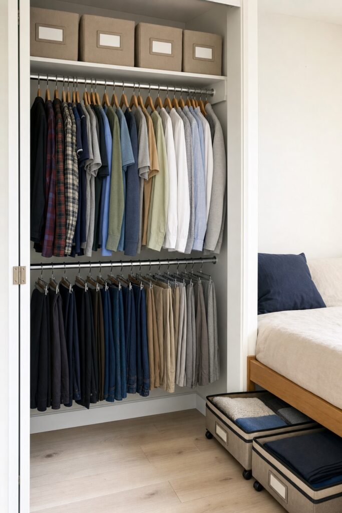 Open closet with hanging clothes and storage boxes, beside an open under-bed drawer