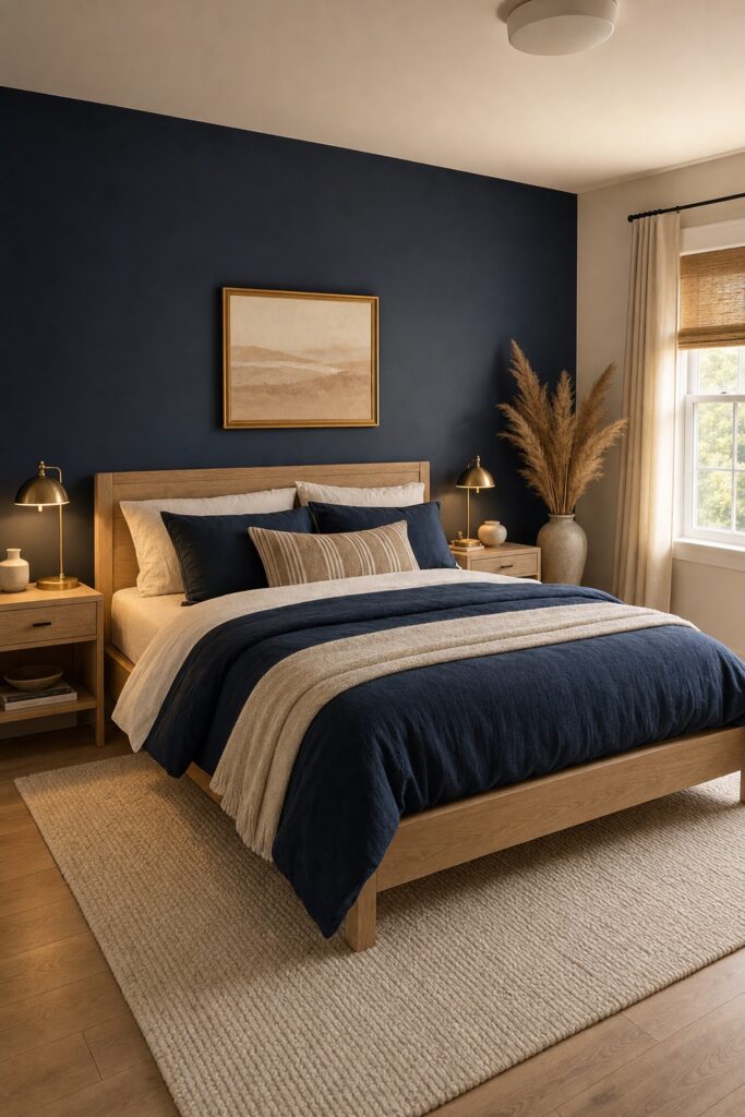 Navy bedroom with cream bedding layers, warm wood furniture, and separate bedside lamps