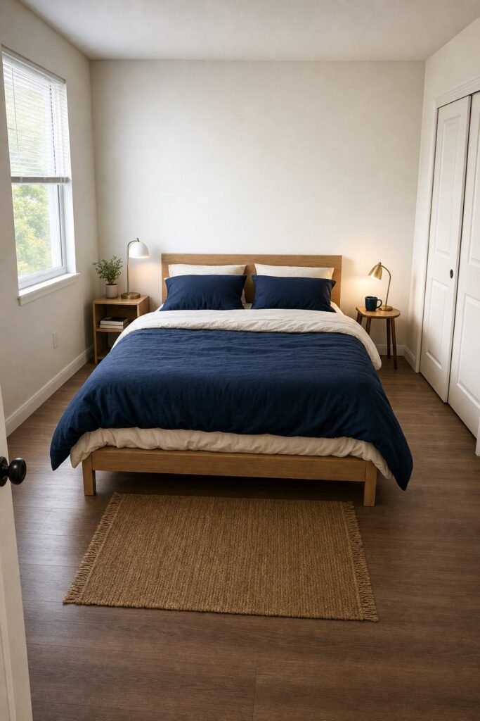 Blue-covered bed with small bedside tables and open floor on either side