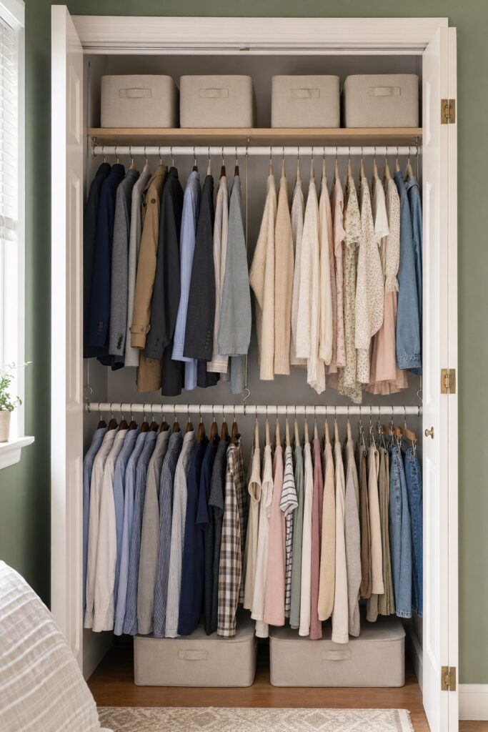 Shared closet with two levels of hanging clothes and storage boxes on the upper shelf