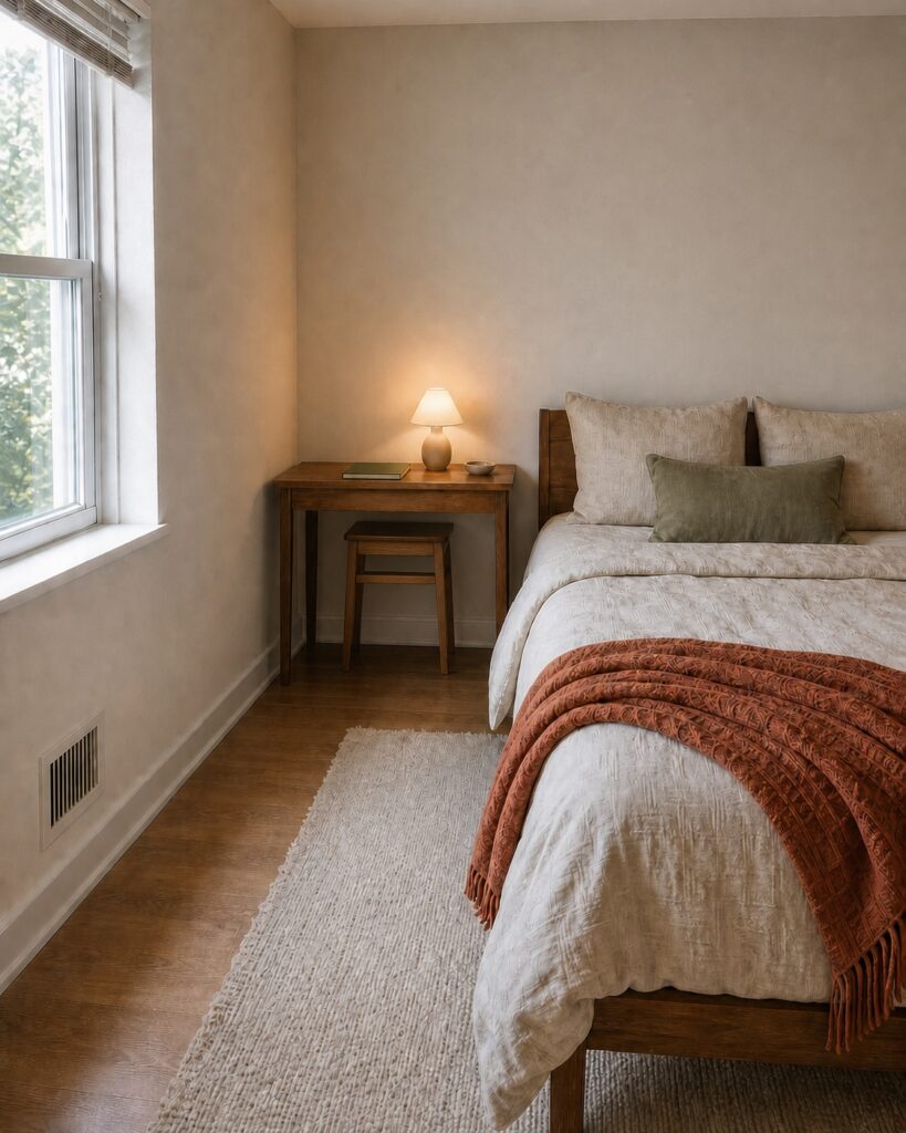 Narrow wood desk serving as a bedside table with a lamp and stool tucked below