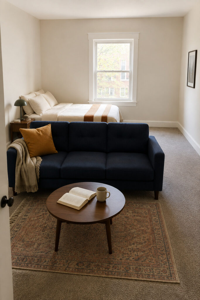 A low navy sofa divides a carpeted studio's living area from the bed, with a clear route along the right wall.